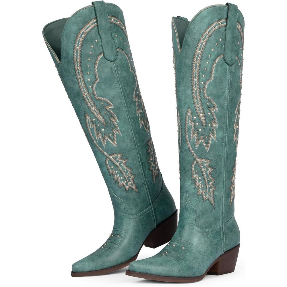 Women's Blue Knee High Rhinestone Cowgirl Boots Pointed Toe Slip on Chunky Heel - Picture 4 of 6